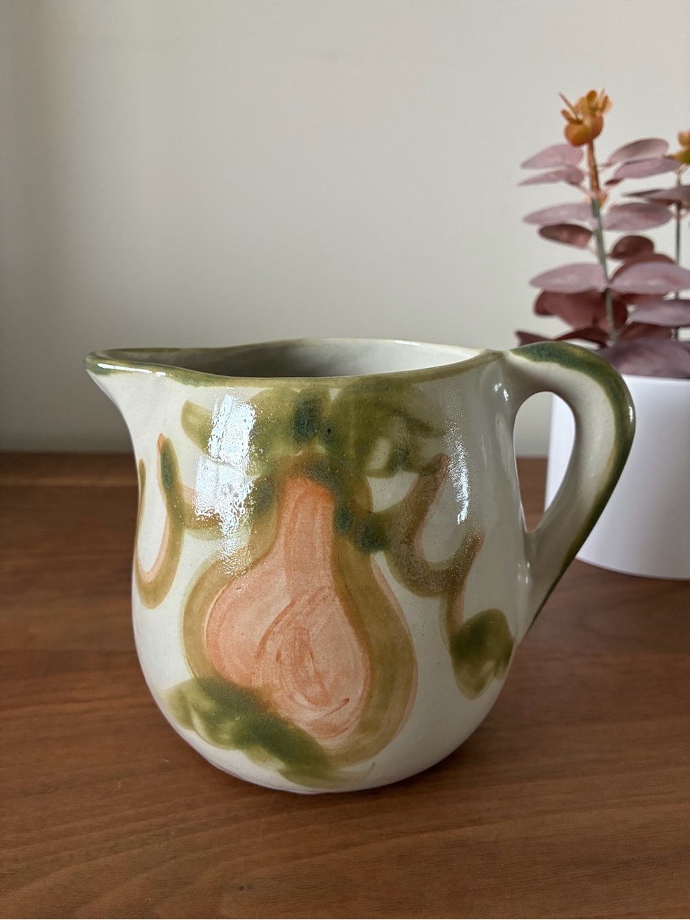 Vintage Louisville Stoneware Pear Harvest Pitcher Hand Painted Kentucky Pottery